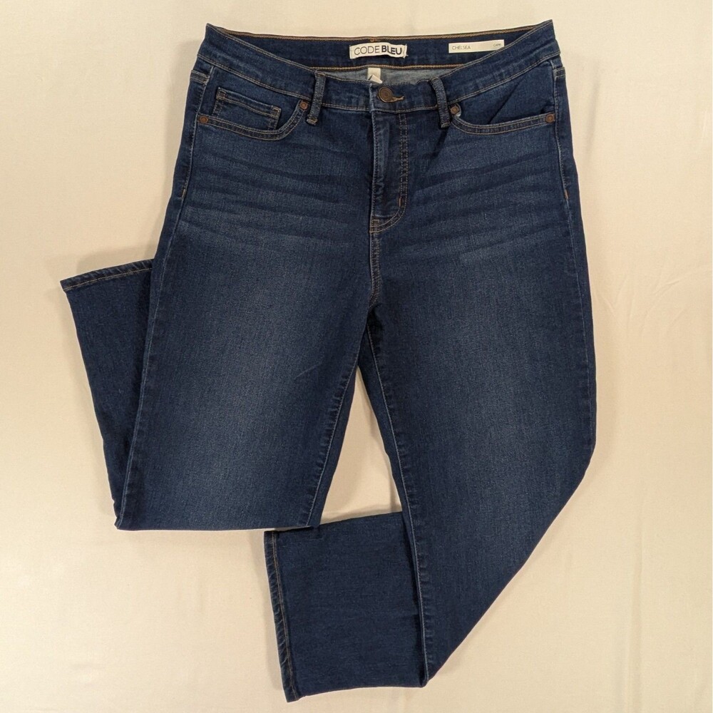 Code Bleu Chelsea Capri Jeans Dark Blue Button Leg Detail Size 8 Womens